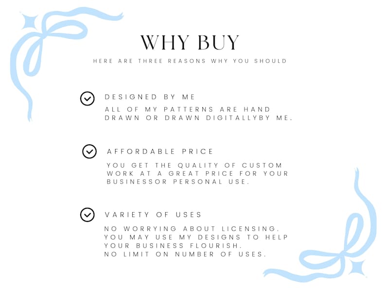 Op de afbeelding: Witte afbeelding met de tekst "WAAROM KOPEN" en drie redenen om te kopen. De redenen zijn "Ontworpen door mij", "Betaalbare prijs" en "Verscheidenheid aan toepassingen". Lichtblauwe lintachtige ontwerpen bevinden zich in de hoeken.