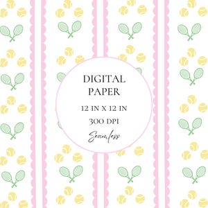 May include: Digital paper with a tennis theme. The design features vertical stripes with alternating patterns of tennis rackets and tennis balls in yellow and green, set against a white background. Pink scalloped borders and text that reads "DIGITAL PAPER 12 IN X 12 IN 300 DPI Seamless" are also included.