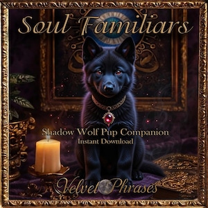 May include: Digital art featuring a black wolf pup with red eyes, wearing a gold necklace with a red gem pendant. The image includes the text "Soul Familiars", "Shadow Wolf Pup Companion", and "Instant Download". The background is a dark, ornate setting.