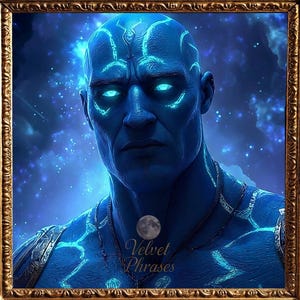 Può includere: Stampa d'arte digitale di una figura umanoide dalla pelle blu con occhi e segni blu luminosi. L'opera è incorniciata in una cornice dorata ornata. Il testo "Velvet Phrases" è in basso.
