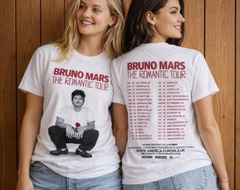 Bruno Mars The Romantic Tour T-Shirt with Tour Dates | White Oversized Unisex Concert Tee | Pop Music Fan Merch Gift