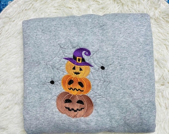 Felpa di Halloween ricamata, zucche di Halloween impilate, stagione spettrale