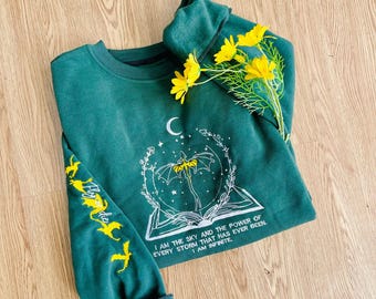 Embroidered Dragon Sweatshirt: Dark Green Fantasy Pullover, Book Lover Gift