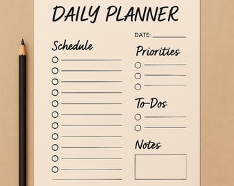 May include: A beige daily planner sheet with the words "DAILY PLANNER" at the top. The sheet includes sections for schedule, priorities, to-dos, and notes. A black pencil rests on the left side of the sheet.