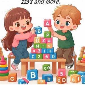 May include: A children's book cover titled Learn your ABC's 123's and more. by Wayne W Lindberg. The illustration features two children playing with colorful alphabet and number blocks stacked on a wooden table, with additional blocks scattered below.