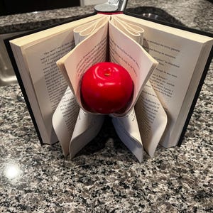 May include: A decorative book with pages folded to cradle a bright red apple. The book has a black cover and the pages are open, revealing printed text. The apple is smooth and round, adding a pop of color.