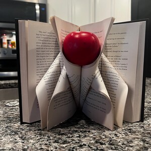 May include: A red apple rests in a book, with pages folded to create a unique display. The open book stands upright on a speckled countertop, with the apple centered. The image showcases a creative book art project.
