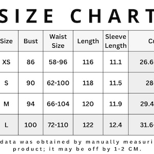 May include: A size chart with the title "SIZE CHART" in bold black letters. The chart includes measurements for US sizes 2 to 8, with bust, waist, length, sleeve length, and cuff measurements in inches and centimeters.