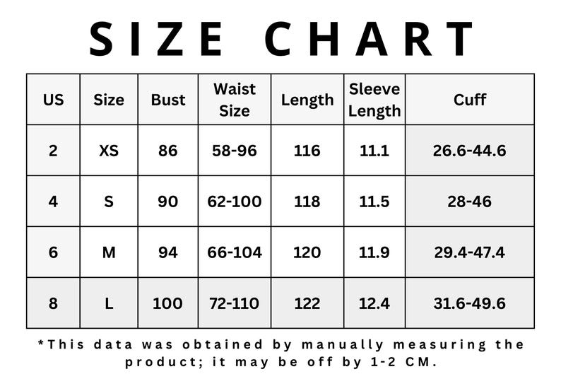 May include: A size chart with the title "SIZE CHART" in bold black letters. The chart includes measurements for US sizes 2 to 8, with bust, waist, length, sleeve length, and cuff measurements in inches and centimeters.