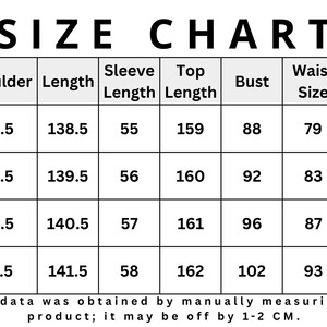 May include: A size chart with measurements for clothing, including shoulder, length, sleeve length, top length, bust, waist size, and cuff. Sizes range from XS to L. The chart includes measurements in centimeters.
