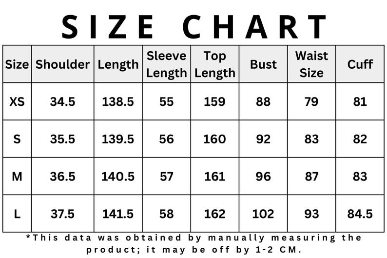 May include: A size chart with measurements for clothing, including shoulder, length, sleeve length, top length, bust, waist size, and cuff. Sizes range from XS to L. The chart includes measurements in centimeters.