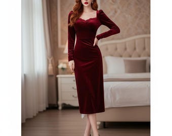 Velvet dress | Burgundy long dress | Long sleeve floor-length gown | Perfect for Holiday Parties, Winter Weddings & Special Occasions
