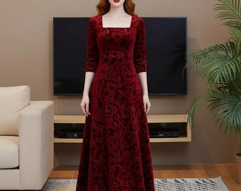 Velvet dress | Burgundy long dress | Long sleeve floor-length gown | Perfect for Holiday Parties, Winter Weddings & Special Occasions