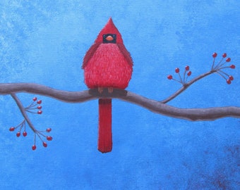 Original Cardinal Acrylic Painting, Berries, 12x12 Gallery Wrapped Canvas