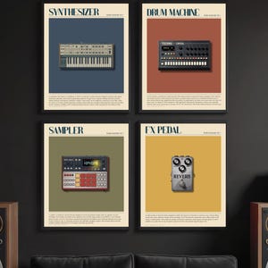 May include: Four framed posters featuring vintage music equipment. The posters are labeled "Synthesizer," "Drum Machine," "Sampler," and "FX Pedal." Each poster has a different colored background and features a detailed illustration of the instrument.