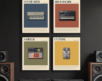 Studio Essentials Vol. 1 – 4 Retro Music Instruments Posters Bundle (Synth, Sampler, Drum Machine, FX Pedal) – Printable Wall Art