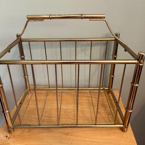 Vintage Brass Tone Faux Bamboo Magazine Rack: Hollywood Regency Decor