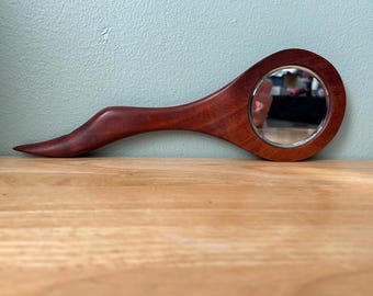 Vintage Wooden Hand Mirror, Mid Century Sculptural Vanity Decor