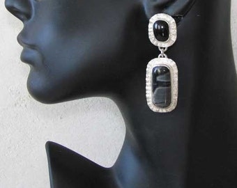 Striking Black Jade and Picasso Marble Dangle Earrings in Sterling Silver - FREE Shipping