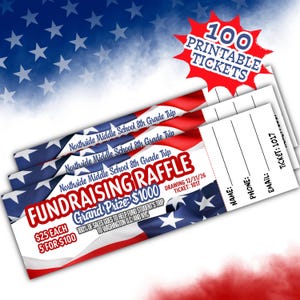 May include: A stack of raffle tickets featuring a red, white, and blue American flag pattern. The text reads Northside Middle School 8th Grade Trip, FUNDRAISING RAFFLE, Grand Prize: $1000, 100 PRINTABLE TICKETS, and includes fields for name, phone, and email.