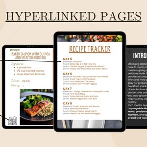 May include: Three digital tablets displaying a recipe e-book. The tablets show a recipe tracker, a dinner recipe with salmon, quinoa, and broccoli, and an introduction to the e-book. The text "Hyperlinked Pages" is at the top.
