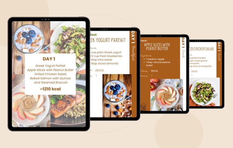May include: A digital tablet displays a meal plan with images of Greek yogurt parfait, apple slices with peanut butter, grilled chicken salad, and baked salmon. The text reads "Day 1" and lists the meals with calorie information.