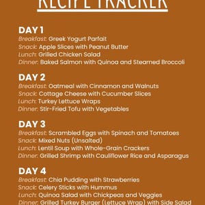 May include: A recipe tracker with a brown background and white text. The text reads "RECIPE TRACKER" at the top, followed by a four-day meal plan with breakfast, snack, lunch, and dinner options. Fresh vegetables and ingredients are at the top.