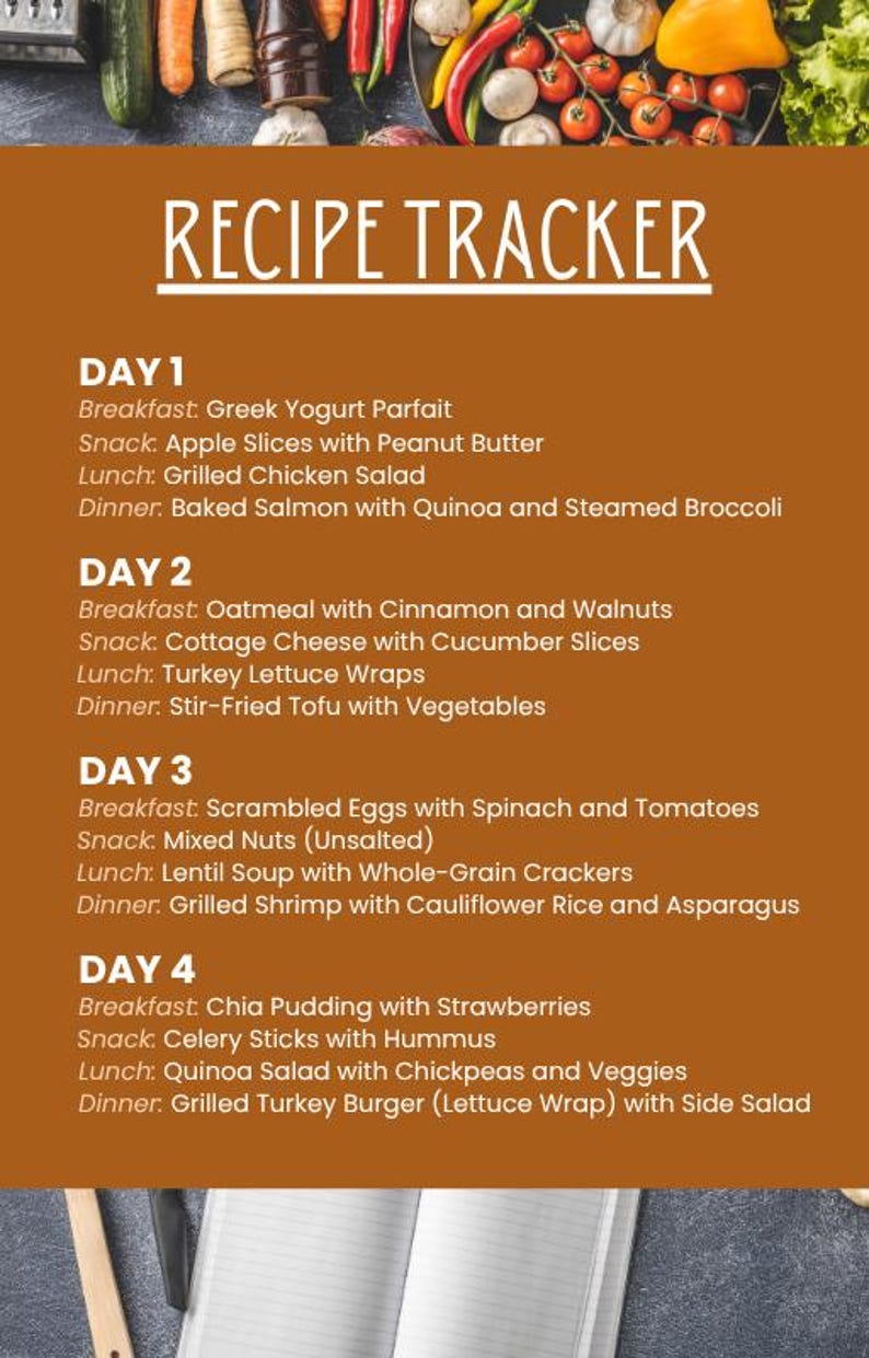 May include: A recipe tracker with a brown background and white text. The text reads "RECIPE TRACKER" at the top, followed by a four-day meal plan with breakfast, snack, lunch, and dinner options. Fresh vegetables and ingredients are at the top.