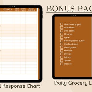 May include: Two digital tablets displaying a meal response chart and a daily grocery list. The meal chart has columns for day, meal, food eaten, and notes. The grocery list includes items like yogurt, blueberries, and almonds. The text "BONUS PAGES" is at the top.