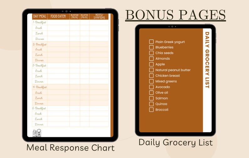May include: Two digital tablets displaying a meal response chart and a daily grocery list. The meal chart has columns for day, meal, food eaten, and notes. The grocery list includes items like yogurt, blueberries, and almonds. The text "BONUS PAGES" is at the top.