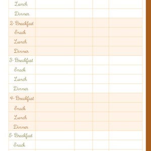 May include: A meal and blood glucose tracking chart with columns for day, meal, food eaten, blood glucose before and after, and notes/symptoms. The chart is designed to track meals and blood sugar levels.