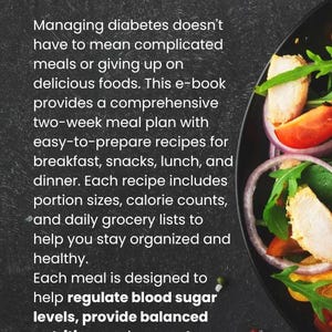 May include: An e-book cover with the title "INTRODUCTION" in white text. The text describes a two-week meal plan for managing diabetes, with recipes for breakfast, lunch, and dinner. A plate of salad with chicken is in the background.