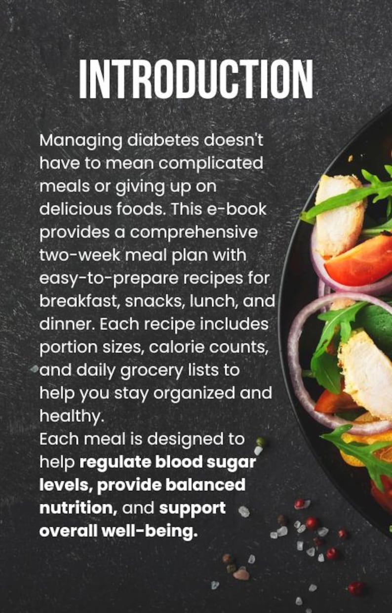 May include: An e-book cover with the title "INTRODUCTION" in white text. The text describes a two-week meal plan for managing diabetes, with recipes for breakfast, lunch, and dinner. A plate of salad with chicken is in the background.
