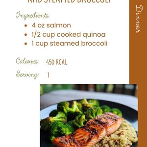 May include: A plate of baked salmon with quinoa and steamed broccoli. The salmon is a vibrant orange, seasoned and cooked to perfection, served with fluffy quinoa and bright green broccoli florets. The image includes text that reads "Dinner: Baked Salmon with Quinoa and Steamed Broccoli."