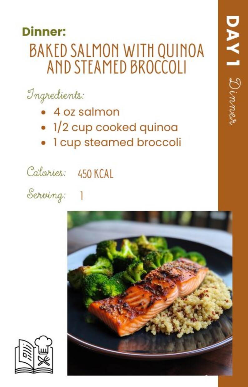 May include: A plate of baked salmon with quinoa and steamed broccoli. The salmon is a vibrant orange, seasoned and cooked to perfection, served with fluffy quinoa and bright green broccoli florets. The image includes text that reads "Dinner: Baked Salmon with Quinoa and Steamed Broccoli."
