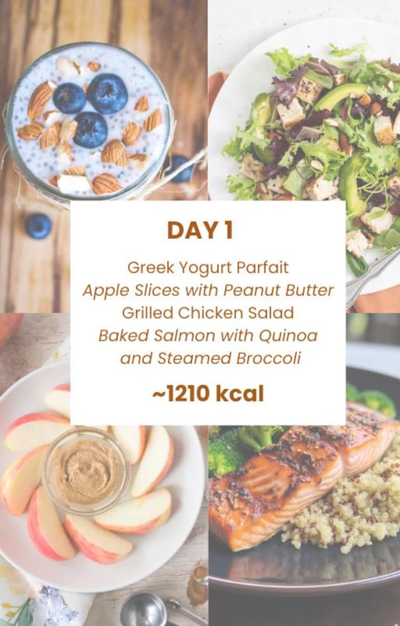 May include: A collage of healthy meal options for Day 1, including Greek yogurt parfait, apple slices with peanut butter, grilled chicken salad, and baked salmon with quinoa and broccoli. The text indicates approximately 1210 kcal.