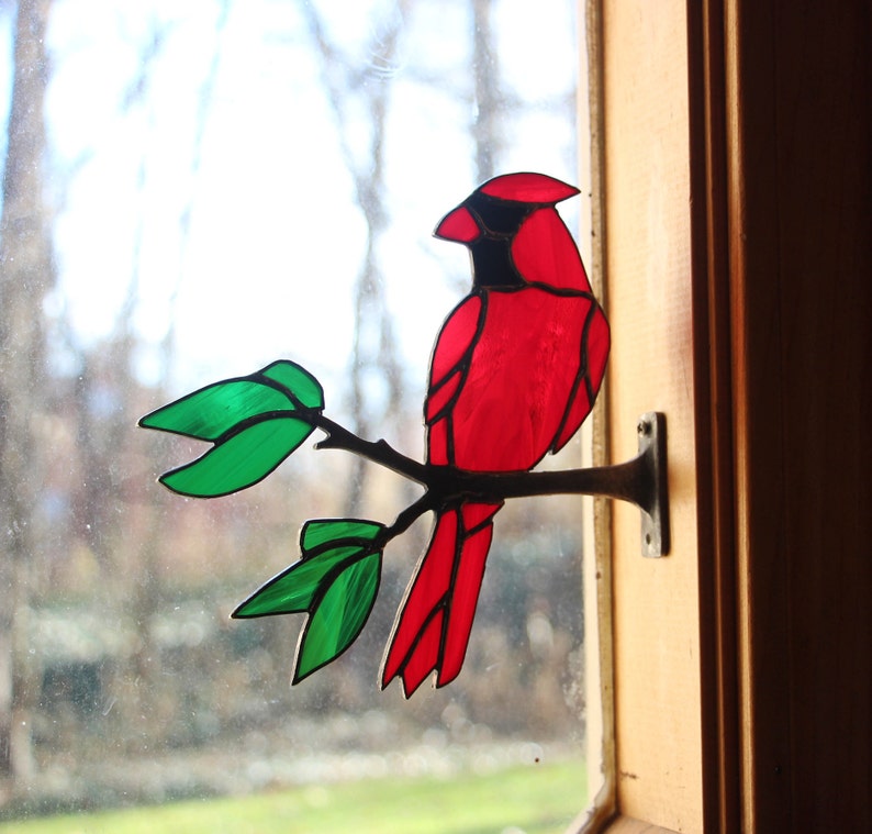 Single Male Stained Glass Cardinal on Pewter Branch | Etsy