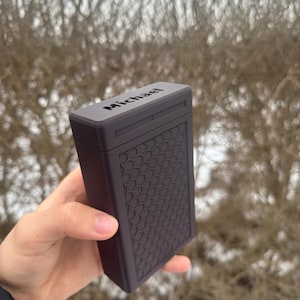 Può includere: Un astuccio rettangolare grigio scuro con un motivo a nido d'ape strutturato su un lato. La parola "Michael" è stampata sulla parte superiore. L'astuccio è tenuto contro uno sfondo sfocato all'aperto.