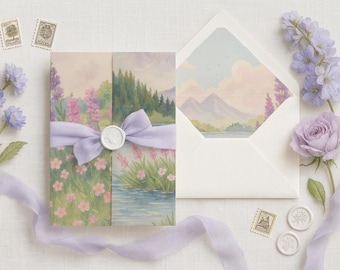 Watercolour Wildflower Vellum Wrap & Envelope Liner | Printable Pastel Mountain Lake Wedding Wrap Liner Bundle | DIY Download