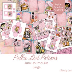 May include: A digital junk journal kit titled "Polka Dot Potions" with a pink and pastel color scheme. The kit includes printable papers, envelopes, and decorative elements featuring Halloween-themed illustrations, such as pumpkins, witches, and spooky houses.