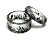 Crow Raven Ring, Resin Jewelry, gothic resin ring, spooky halloween, creepy crow, black thorns, spooky raven bird, silhouette unisex ring