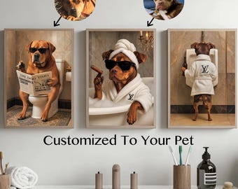 May include: Three framed dog portraits. One shows a dog on a toilet reading a newspaper, another in a bathtub with a cigar, and the third at a urinal with a beer. The text "Customized To Your Pet" is below.