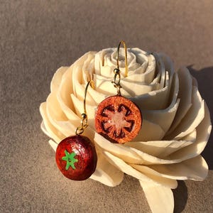 Wooden Tomato Slice Dangle Earrings pink ivory Padauk