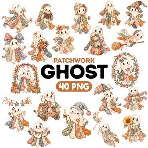Op de afbeelding: Een verzameling digitale illustraties van geesten met patchworkpatronen in gedempte herfstkleuren. De geesten zijn afgebeeld met diverse accessoires zoals pompoenen, bloemen, hoeden en paraplu's. De tekst PATCHWORK GHOST 40 PNG staat in het midden.