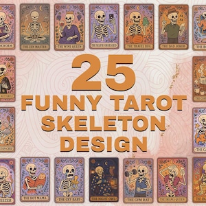 25 Funny Skeleton Tarot Cards PNG, Digital Halloween Tarot Deck, Cute Gothic Skeleton Art, Printable Tarot Clipart Bundle, Digital Tarot