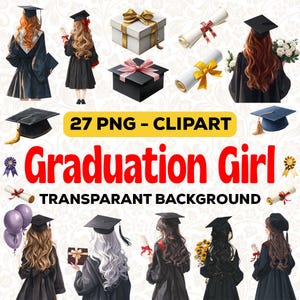 27 Graduation Girl Clipart PNG, Graduation Clipart Bundle, Black Gown Diploma Art, Cap and Gown, Grad Stickers, Student Printable Download