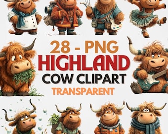 Bundel met clipart van Schotse hooglandkoeien: Aquarel PNG-afbeeldingen van Schotse runderen
