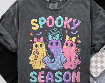 Retro neon-Halloween PNG: Spooky Ghost Trio - geruit ontwerp (digitale download)
