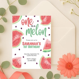 One in a Melon First Birthday Invitation-Watermelon 1st Birthday Invite, Editable Girl Summer Birthday Template, Instant Download Printable