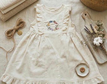 Girls Linen Dress, Embroidered Floral, Lace Trim, Boho Summer Outfit UK